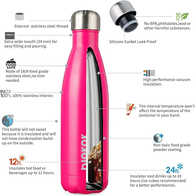 BJPKPK 17oz Insulated Stainless Steel Water Bottles,Sports Water Bottles Keep Cold for 24 Hours and Hot for 12 Hours,BPA Free for Travel,Pink