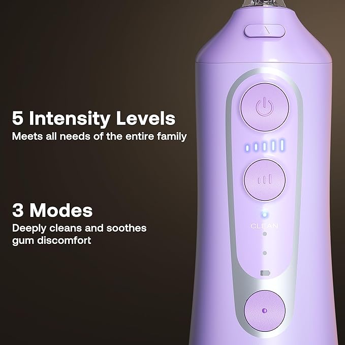 Bitvae Water Dental Flosser Teeth Pick, Cordless Flosser for Travel with 6 Jet Tips, 3 Modes 5 intensities, IPX7 Waterproof Portable & Rechargeable Oral Irrigator Cleaner, Purple