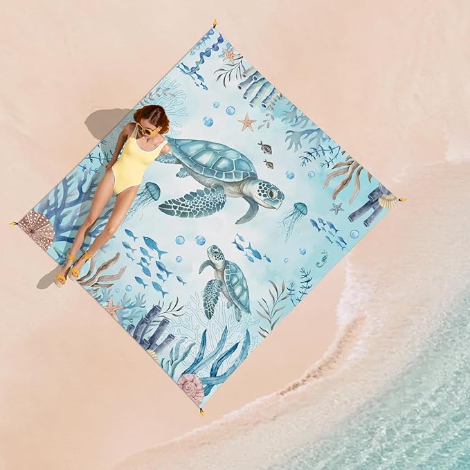 Beach Blanket Waterproof Sandproof, Sea Turtle Oversized Extra Large Picnic Mat 83"×95"/8 × 7 FT for 1-7 Adults for Travel Camping Hiking, Quick Drying Lightweight Beach Vacation Essentials