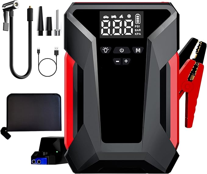 Jump Starter with Air Compressor, 4000A Car Battery Jumper Starter Portable (8L GAS/6L Diesel),12V Jump Box for Car Batter with 150 PSI Tire Inflator, Emergency LED Flashlight, 65W Fast Charger