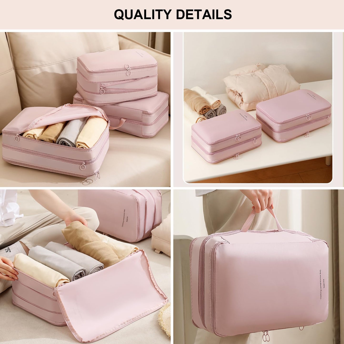 Double-Layered Compression Packing Cubes for Travel, Luggage Organizer Bags Compressible for Suitcase Packing Bag Travel Accessories, Pink, L