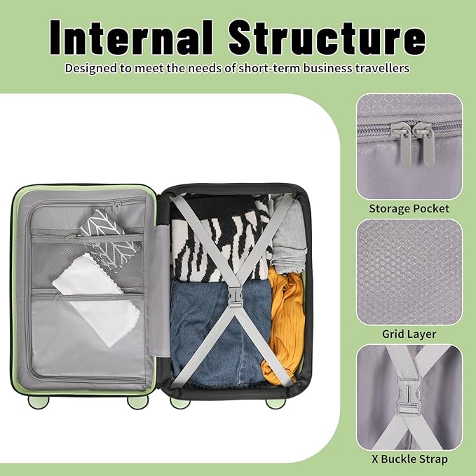 22×14×9 Airline Approved Carry On Luggage with Front Open Pocket, Spinner Wheels, ABS+PC Hardshell Small 20inch Suitcase with Protective Cover and Luggage Tag, Avocado Green