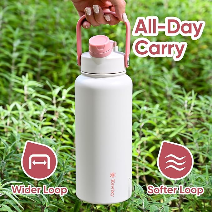 32 oz Insulated Water Bottle, 2-in-1 Lid, Straw & Spout with Protected, Leak Proof, Keep Cold, Stainless Steel, Metal, Reusable, Handle, for Outdoor, Gym and School, 2 Lids, Pale Pink