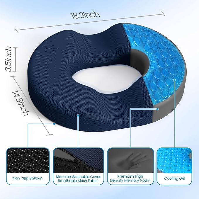 Donut Pillow Seat Cushion - Cooling Gel Floor Pillow, Memory Foam Floor Cushion for Office & Home, Car Seat, Hemorrhoids Pillow, Sciatica & Tailbone Pain Relief Chair Cushion, Blue-XL