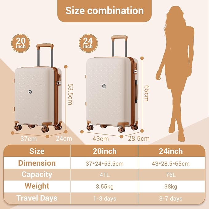 Kono Expandable 24 Inch Hard Shell Travel Luggage, Large capacity for easy travel, Hidden Cup Holder & TSA Lock Lightweight Suitcase - Cream/Brown