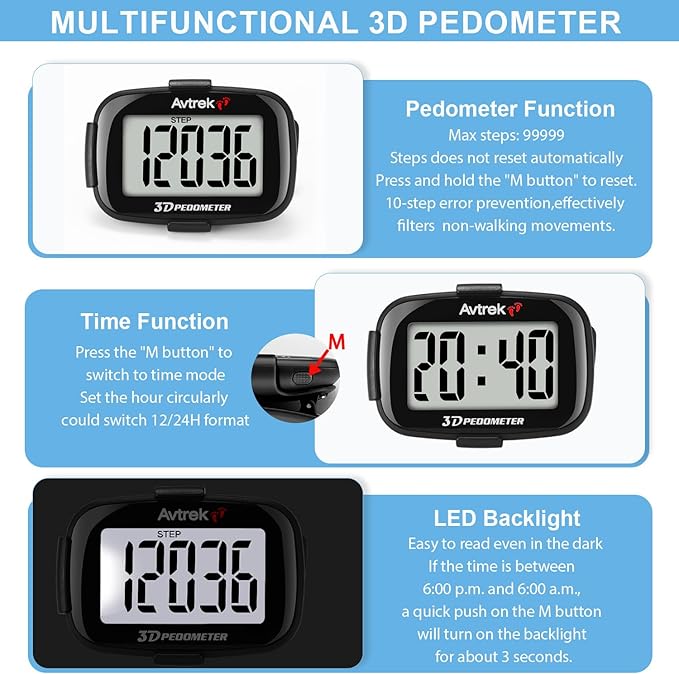 3D Step Counter Clip On with LED Backlight Pocket Pedometer for Walking Outdoor Activities Fitness Tracker Without Smartphone