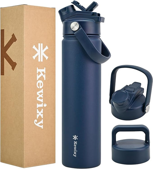 24 oz Insulated Water Bottle, 2-in-1 Lid, Straw & Spout with Protected, Leak Proof, Keep Cold, Stainless Steel, Metal, Reusable, Handle, for Travel, Gym and School, 2 Lids, Denim Blue
