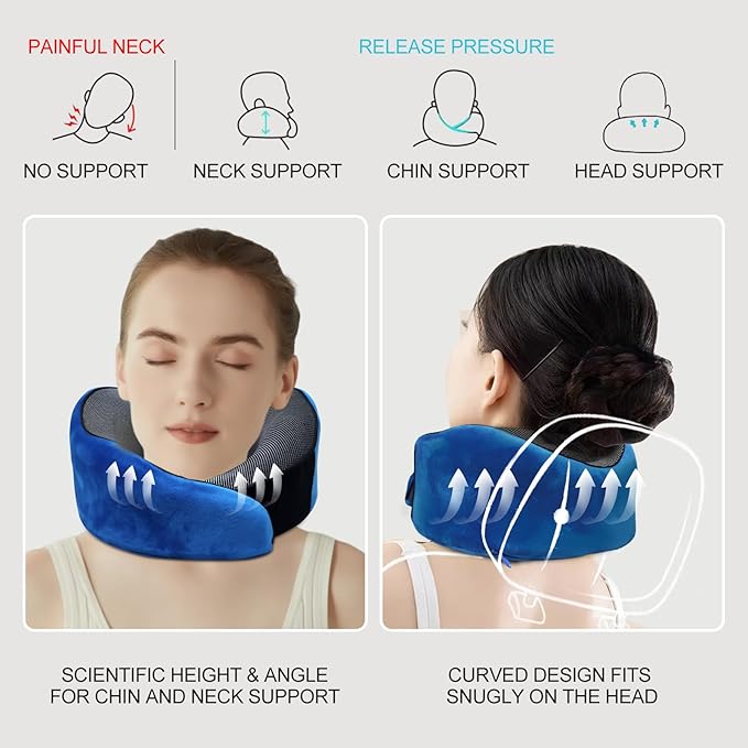 Travel Neck Pillow for Airplanes, 360°Support Neck Pillow for Traveling, Memory Foam Travel Pillows Portable Long Flight Essentials with Washable Cover for Car, Trains, Office (Blue)