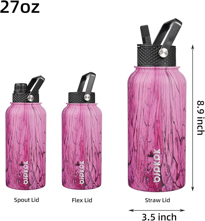 BJPKPK Insulated Water Bottles with Straw Lid, 27oz Stainless Steel Water Bottle with 3 Lids, Leak Proof BPA Free Metal Thermo, Mugs, Tumblers, Keep Cold Hot - Wood Pink