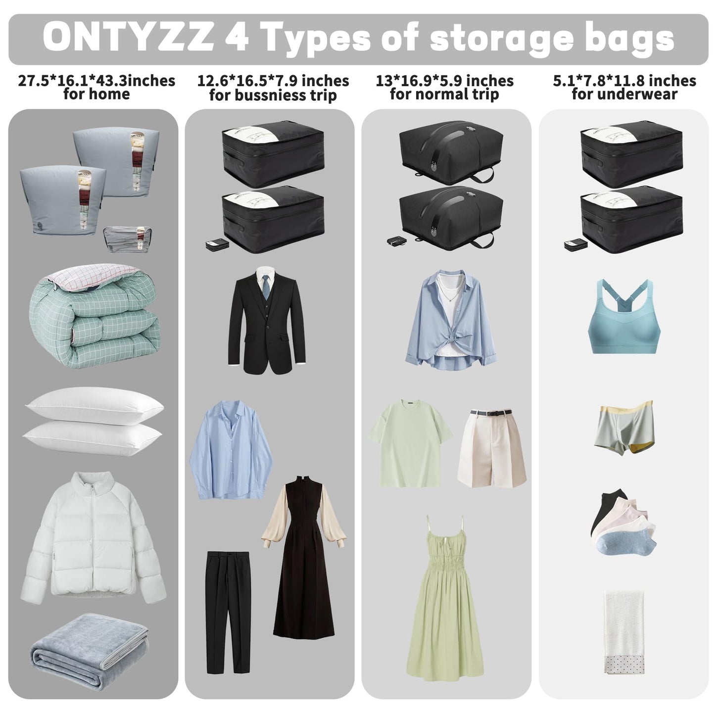 ONTYZZ Travel Vacuum Compression Bags 12 inch Space Saver Bags Vacuum Travel Case with IP67 Waterproof Zipper for Socks, Underwear, One Bag Black