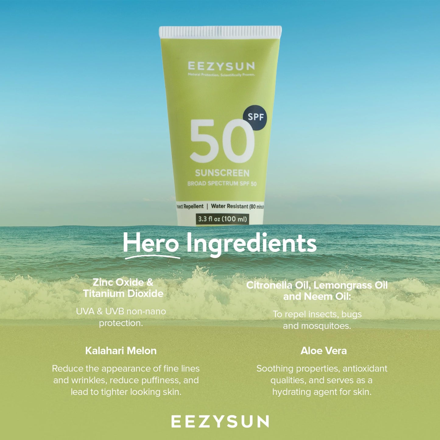 EEZYSUN SPF 50 Sunscreen and Insect Repellent - Water-Resistant Sunscreen Travel Size & Bug Repellent with Citronella Oil, Lemongrass, and Neem Oil - Reef-Safe Bug Repellent Outdoor - 3.3 fl oz