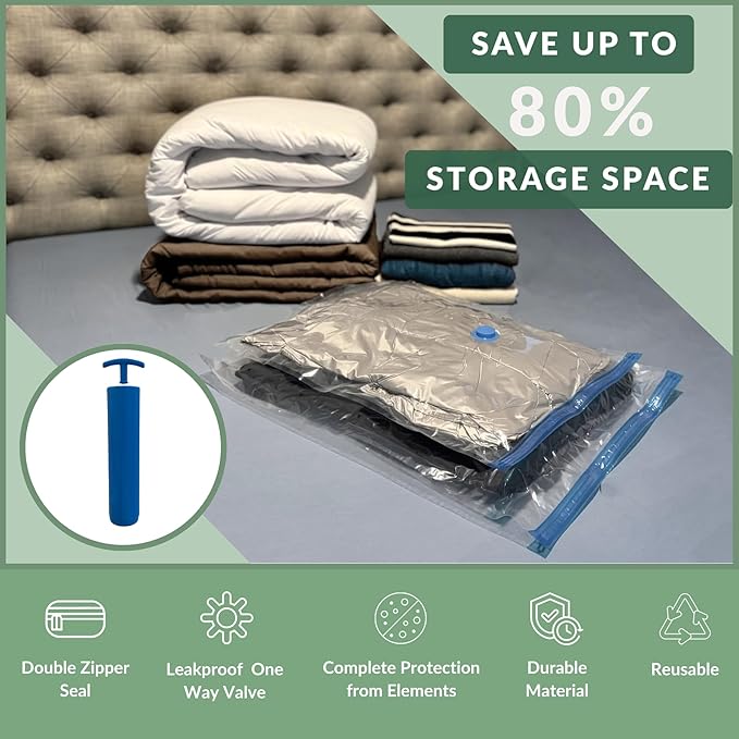 6 XL Jumbo Vacuum Storage Bags with Pump, Extra Large Compression Space Saver for Comforter, Duvet, Blanket, Bedding Storage, Vacuum Seal Bags for Clothing, Luggage Closet Organizer