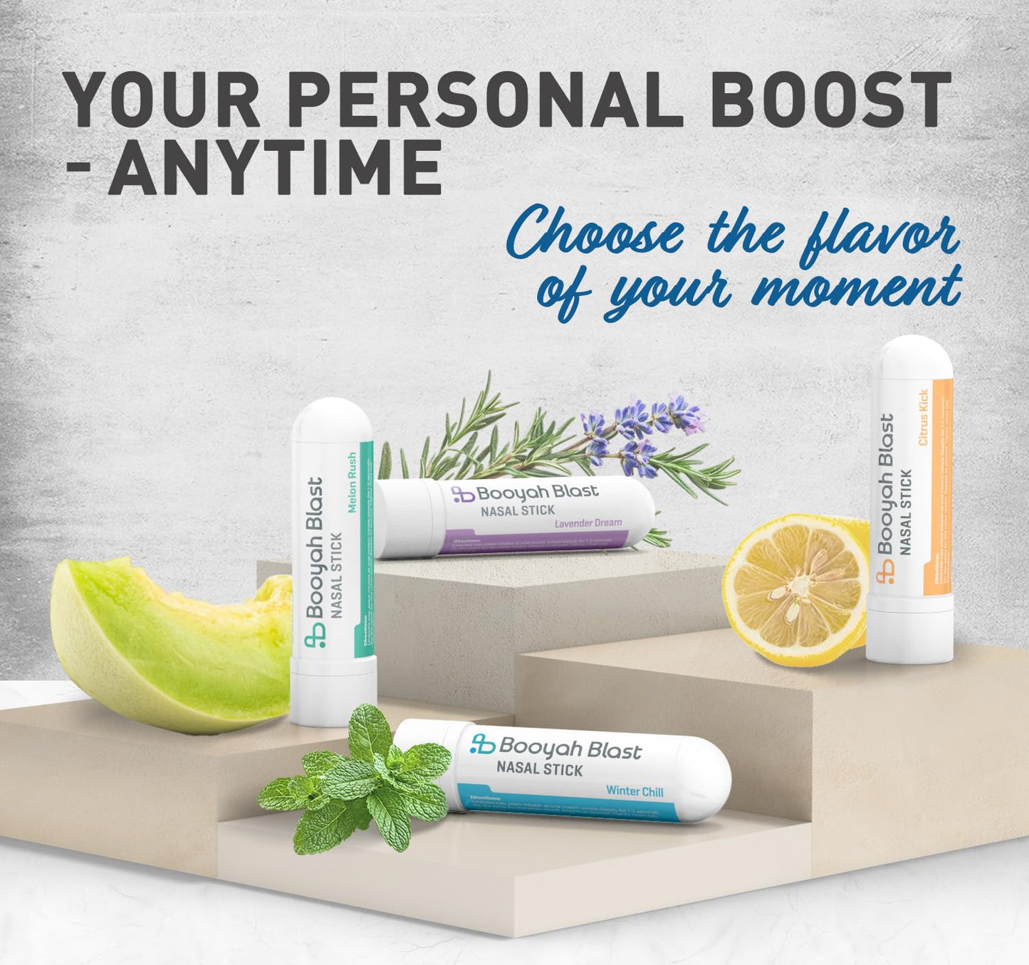 BOOYAH BLAST Nasal Sticks, Natural Sinus Inhaler Stick, Menthol Inhaler, Nasal Inhaler Stick 4PK (Winter Chill, Citrus Kick, Lavender Dream, Melon Rush)