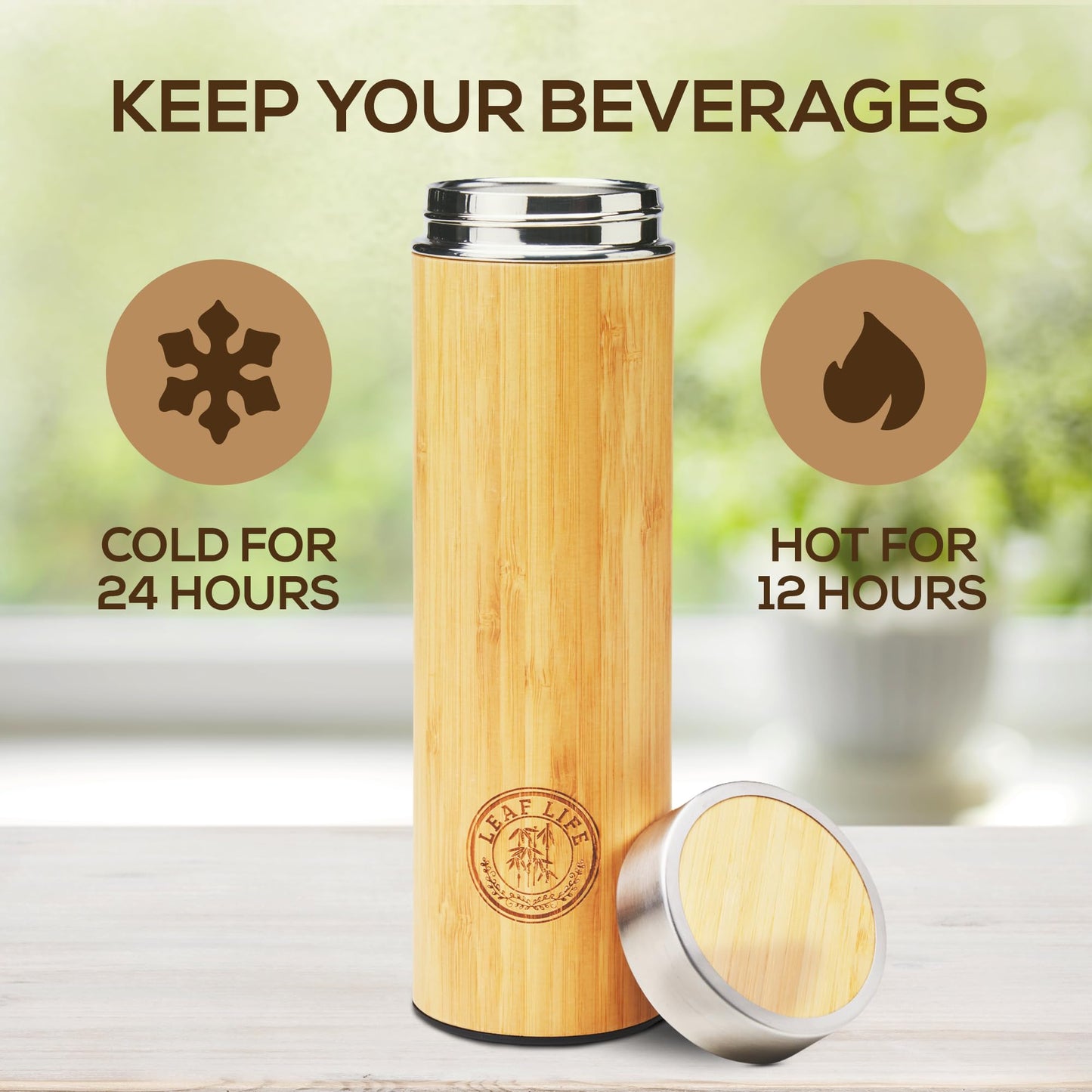 LeafLife Premium Bamboo Tea Bottle for Loose Tea - Tea Infuser Bottle - Tea Gifts - Insulated Water Bottle/Coffee Tumbler/Tea - Tea Gift Set, Tea Accessories - Tea Tumbler 17oz