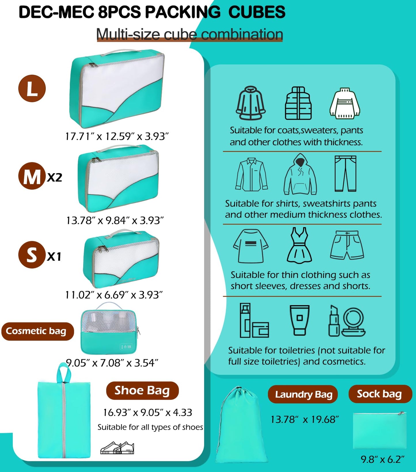 Dec-Mec 8 Set Packing Cubes for Travel -Suitcases Organizer Set for Travel Essentials, Luggage Packing Cubes for Carry on Suitcase (Turquoise, 8set(1L+2M+2S+1XS+1Shoes Bag+1Laundry bag))