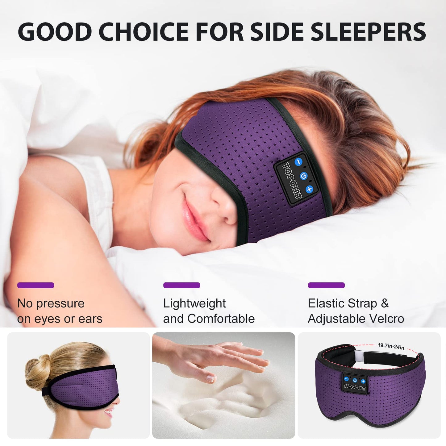 TOPOINT Sleep Mask with Bluetooth Headphones, Breathable Silk Eye Mask for Sleeping Men Women, Bluetooth Sleep Mask Blackout with Speakers, Microphone Handsfree, USB C for Travel Meditation Gifts