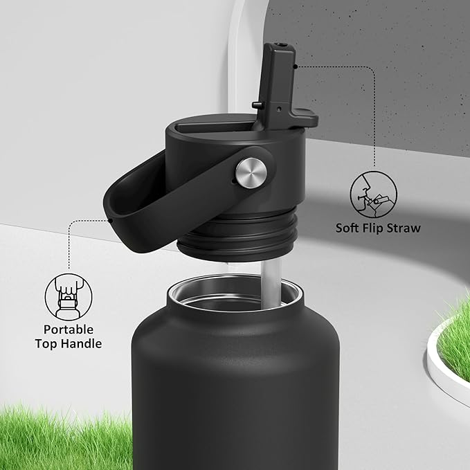 24 oz Slim Insulated Water Bottle for Outdoors: Leakproof, Flex Cap, Lightweight, Cold for 24 Hrs, Double Walled Stainless Steel Thermos with Straw for Travel, Hiking, Biking, Sport (Midnight Black)
