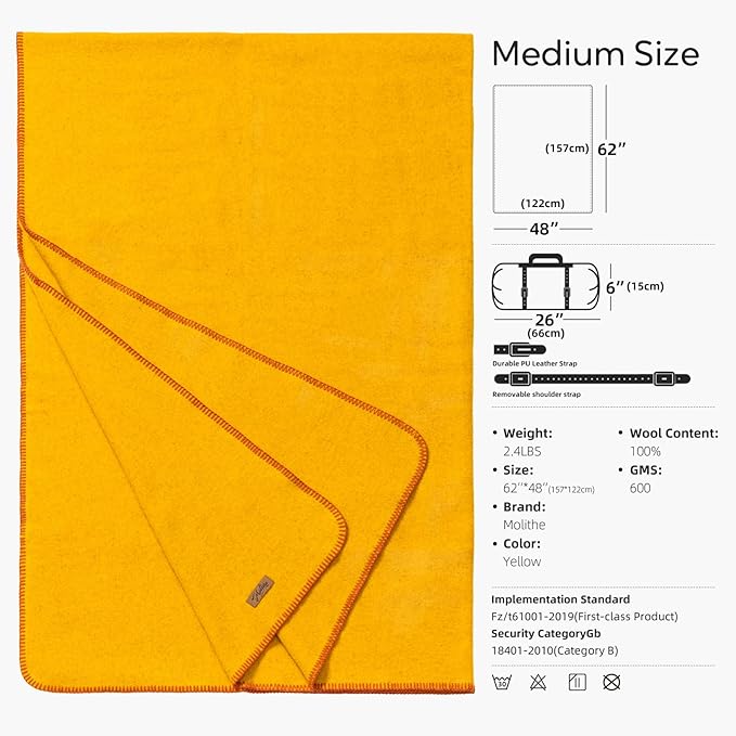 100% Wool Blanket, 48" x 62", Warm, Thick, Washable, Military Wool Blanket, Great for Camping, Outdoors, Sporting Events, Survival Kits, Yellow