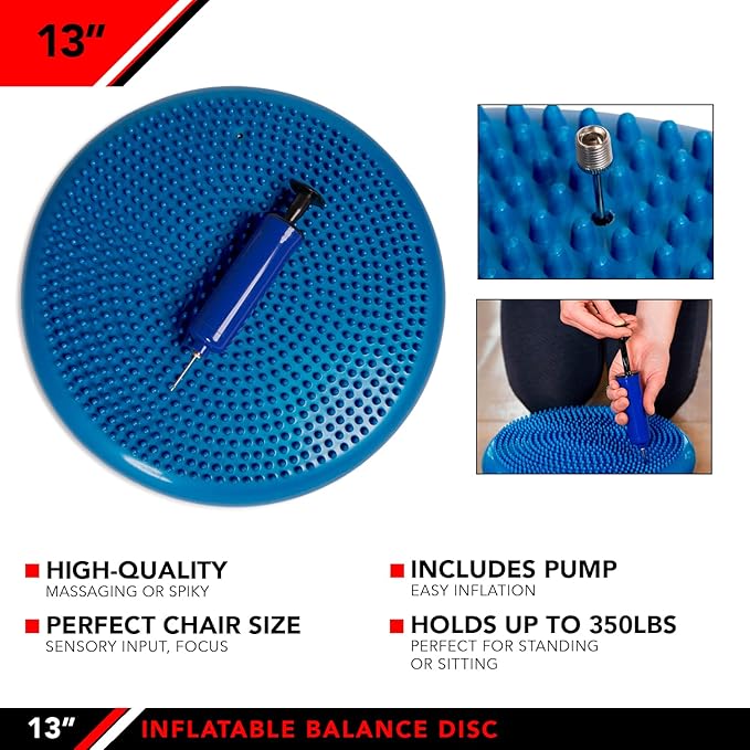 JFIT Inflatable Balance and Stability Disc - Large Yoga Wobble Cushion Trainer with Pump - Core Fitness and Workout Equipment Discs for Home - Office Chair, Ankle Strength Training and Dog or Pet Activity, Blue, 13-Inch