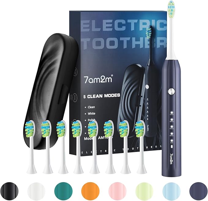 7AM2M Sonic Electric Toothbrush for Adults and Kids, with 8 Brush Heads and Travel Case,5 Modes with 2 Minutes Build in Smart Timer, One Charge Use for 90 Days, Rechargeable Toothbrushes(Navy Blue)