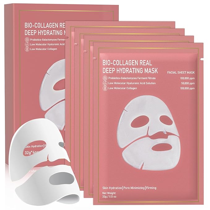 Bio-Collagen Real Deep Mask, 4 Pack Overnight Hydrating Face Mask for All Skin Types,Original Hydrating Collagen Face Mask