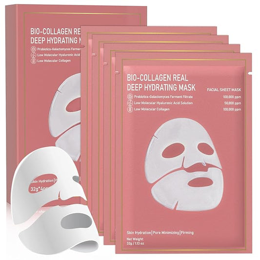 Bio-Collagen Real Deep Mask, 4 Pack Overnight Hydrating Face Mask for All Skin Types,Original Hydrating Collagen Face Mask