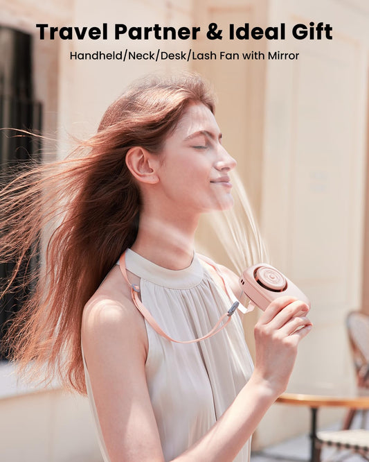 Gaiatop Mini Neck Fan, Rechargeable Handheld Desk Use, LED Power Display 3 Speed 360°Rotate Mirror for Lash Makeup, Cute Camera Design Small Portable USB Fans Personal Cooling Travel Essentials