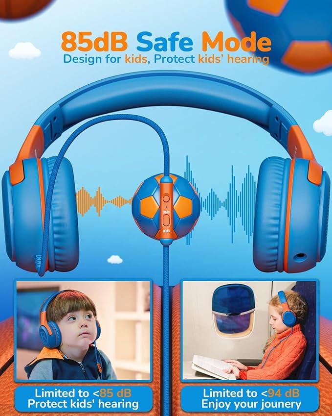 Kids Headphones Wired Toddler Headphones with Microphone, Over-Ear Headphones, 85/94dB Volume-Limiting, 3.5mm Jack, Foldable On-Ear Design - Safe & Comfortable for Learning & Entertainment