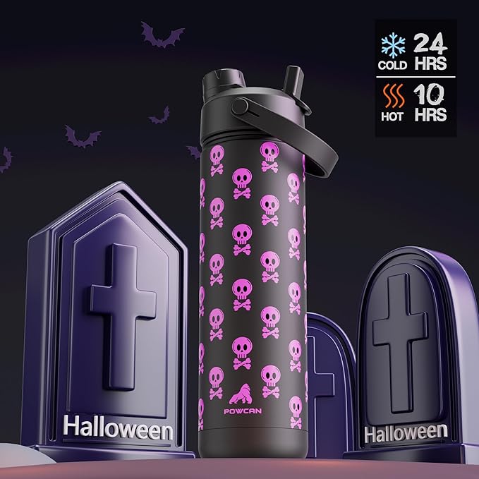 26 oz Halloween Insulated Water Bottle with 2-in-1 Straw and Spout Lid, Glow-in-the-Dark, 24H Cold, Leakproof, Fits in Car Cup Holder, Stainless Steel for Gift, Trip, Holiday, Sports (Deadly Cute)