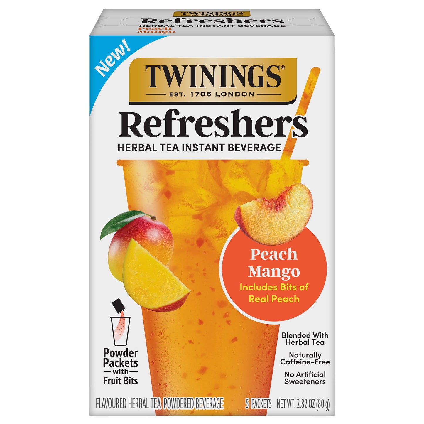 NEW Twinings Peach Mango Refreshers, Herbal Tea Instant Beverage with Real Peach Fruit Bits, 5 Count (Pack of 1), Café Style, No Artificial Sweeteners, Naturally Caffeine-Free Refreshment, 5 Packets