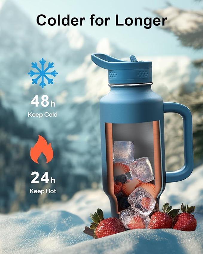 BUZIO 40 oz Tumbler with Handle and Straw, Stainless Steel Insulated Water Bottle Fits in Cup Holder with Straw & Spout Lid, Leak-Proof BPA-Free Travel Tumbler Keep Cold 48hrs &Hot 24hrs, Indigo Crush