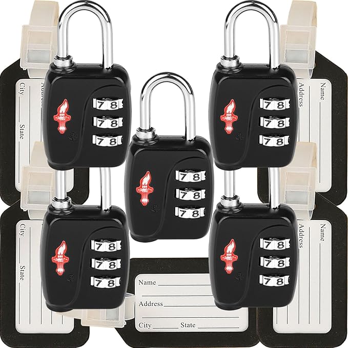 5 Sets TSA Approved Luggage Lock Combo - Secure Travel Essential w/Free Luggage Tag! Combination Lock for Suitcases, Backpacks, Gym Lockers & School