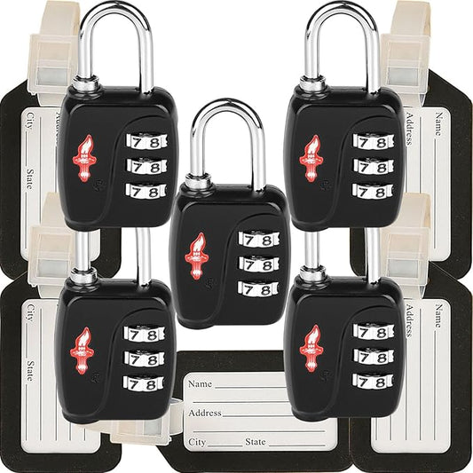 5 Sets TSA Approved Luggage Lock Combo - Secure Travel Essential w/Free Luggage Tag! Combination Lock for Suitcases, Backpacks, Gym Lockers & School