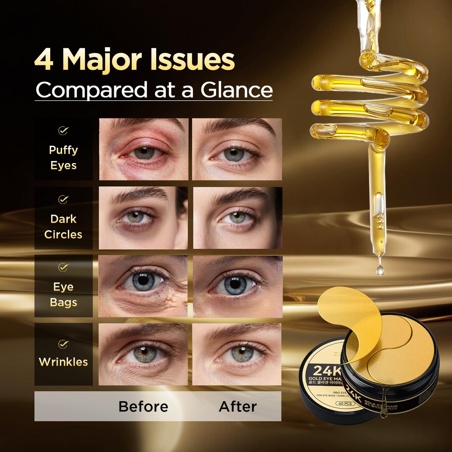 ZZILME 24k Gold Under Eye Patches - Firming, Glowing & Hydrating Hydrogel Mask for Puffy Eyes, Dark Circles, Wrinkles, Eye Bags Treatment, Gifts for Women and Men, 60Pcs Black