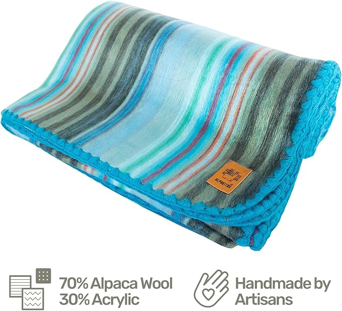 Alpaca Wool Blanket - Queen Size Bed Throw & Warm, Lightweight, Couch or Camp - Outdoor - 87 x 64 Inches (Light Turquoise)