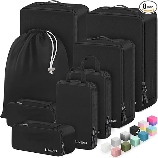 8 Set Compression Packing Cubes for Travel, Waterproof Luggage Organizers, Suitcase Organizer Set for Carry-On & Checked Baggage, Travel Accessories for Men & Women