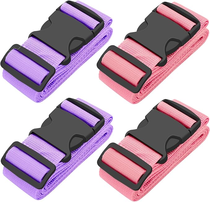 BILIONE 4 Pack Luggage Straps 79" Long Belts Keep Suitcase Secure While Traveling, TSA Approved Add a Bag Premium Accessory for Travel Bag Closure (2PCS Pink+ 2PCS Purple)