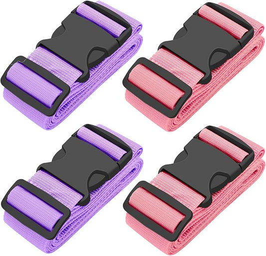 BILIONE 4 Pack Luggage Straps 79" Long Belts Keep Suitcase Secure While Traveling, TSA Approved Add a Bag Premium Accessory for Travel Bag Closure (2PCS Pink+ 2PCS Purple)