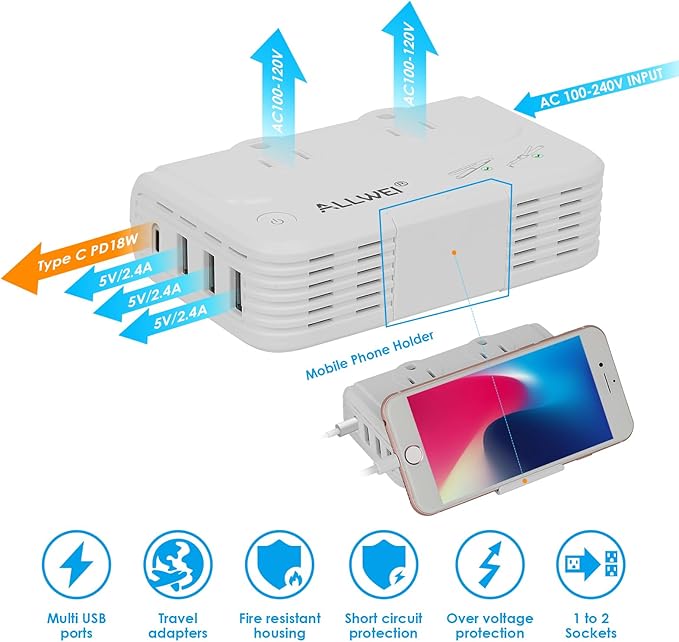 ALLWEI International Travel Adapter 220V to 110V Power Voltage Converter for Hair Straightener/Curling Iron, Universal Power Plug Adapter UK, US, AU, EU, IT, India (White)