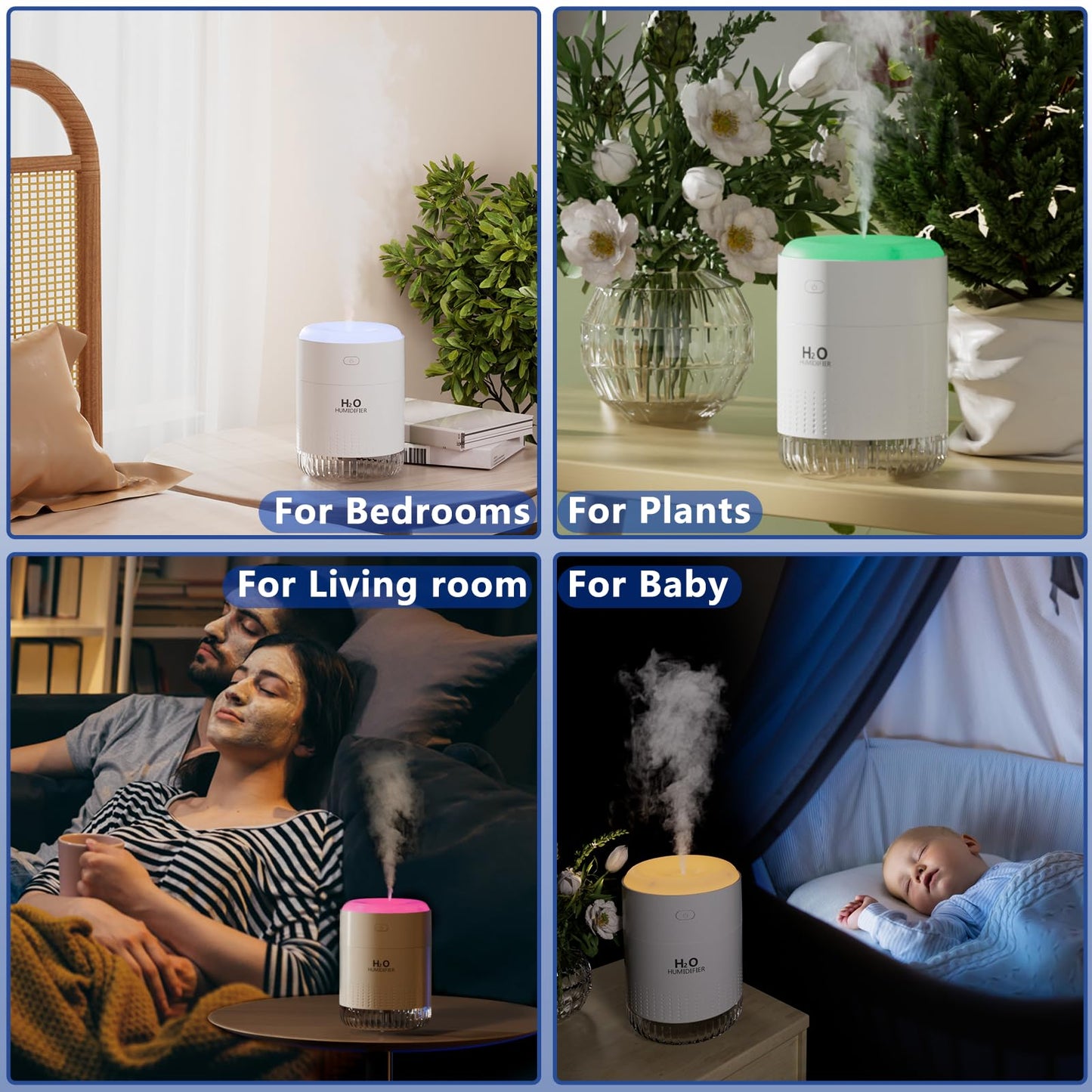 SZO Portable Small Humidifier, 2025 NEW USB Personal Desktop Humidifiers for Bedroom Travel Office Home, 2 Mist Modes Quiet, Auto Shut-Off(500ml, White)