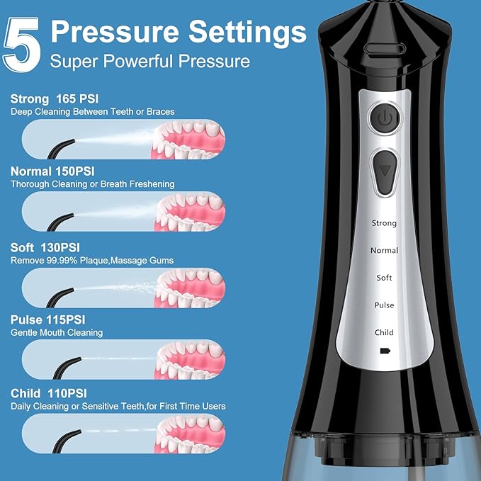 300mL Water Flosser Cordless - Rechargeable Travel Water Flossers for Teeth Cleaning with 5 Pressure Settings, 4 Tips, IPX7 Waterproof for Teeth Cleaning