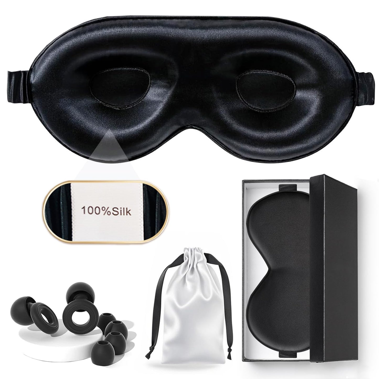 Silk Sleep Mask for Smaller Heads Women,100% Mulberry Silk Eye Mask with Sleep earplugs and Intelligence-Adjust Strap - 3D Contoured Sleeping Mask, Blackout Blindfold Travel noon Break Essentials
