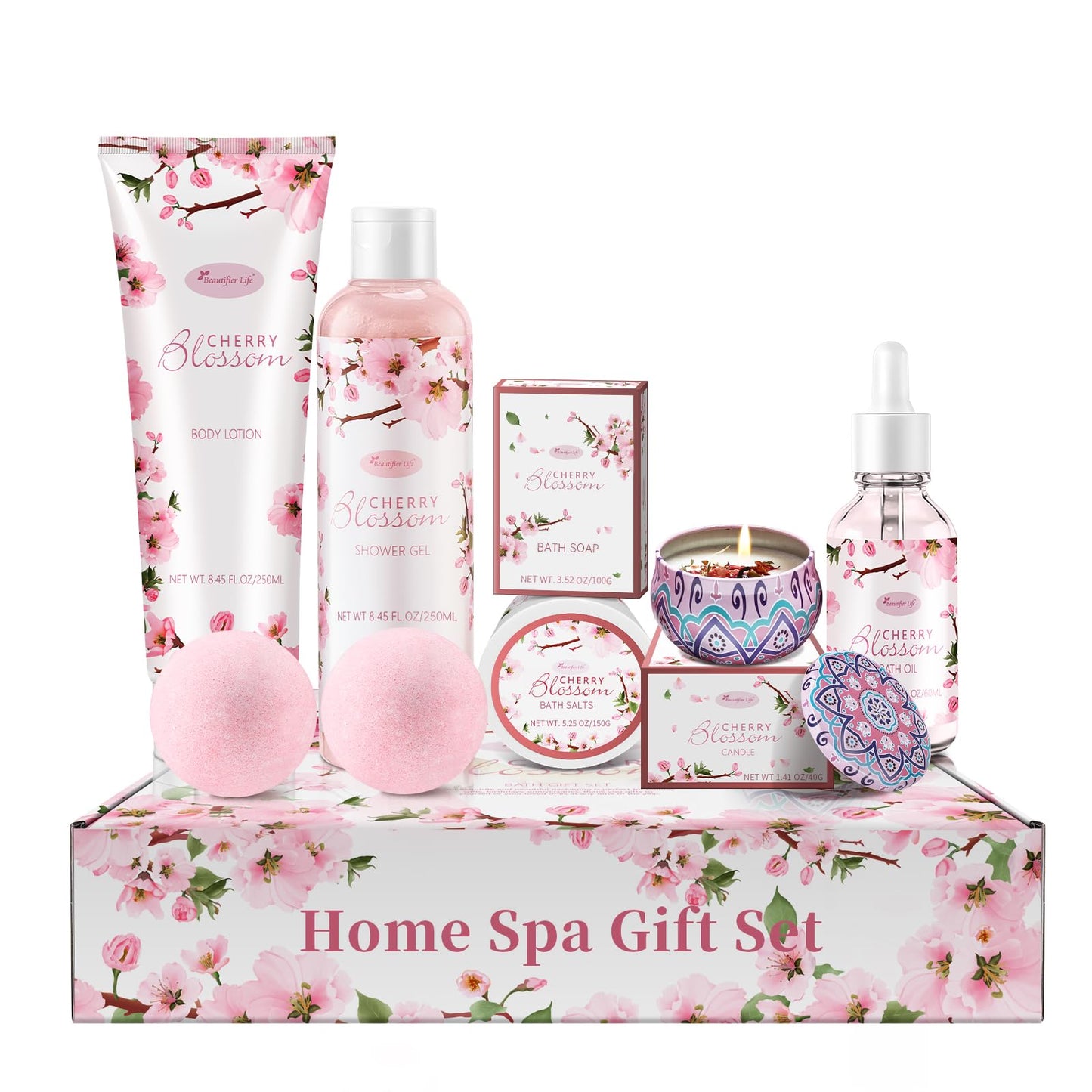 Bath and Body Gift Set for Women - Luxurious Home Spa Gift Set, Japanese Cherry Blossom Scented 7-Piece Set Including Shower Gel, Body Lotion, Bath Oil, Bath Salt, Soap, Bath Bombs, and Candle