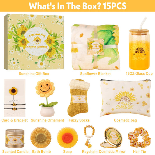 Sunflower Gifts for Women, Get Well Soon Gift Basket for Women,15pc Care Package Feel Better Gift, Surgery Wellness Kit, Thinking of You Sunshine Birthday Box for Her Mom Friend Coworkers Teacher Wife