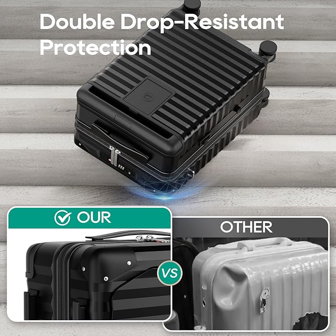 Joyway 20 Inch Carry on Luggage with Front Pocket, PC Hardshell Carry-on Suitcase with USB Port and Cup Holder, 21.5x14.2x9 Airline Approved, Luggage with Spinner Wheels and TSA Lock (Black)