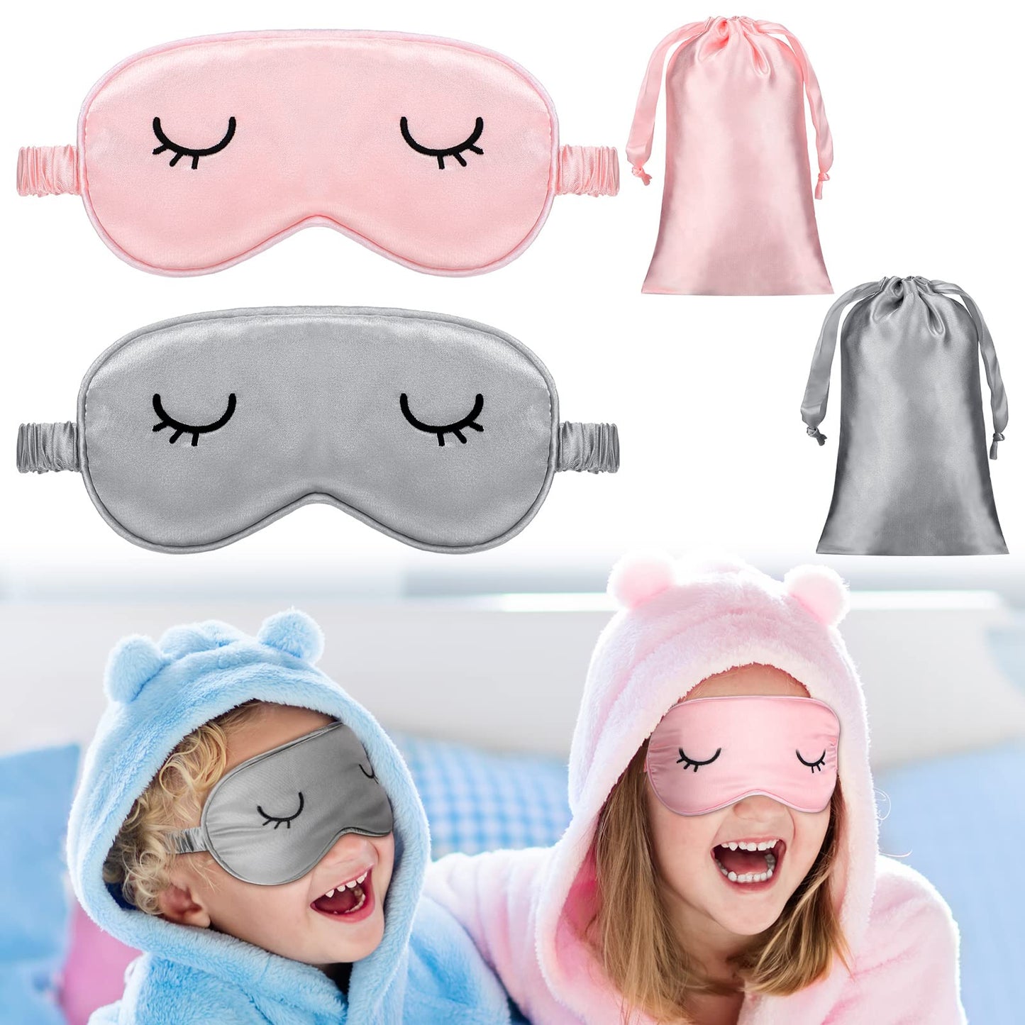 2 Pieces Cute Sleep Eye Masks for Kids Silk Sleep Eye Cover Cute Lightweight Adjustable Eyeshade Mask Satin Night Eyeshade Covers with 2 Pieces Storage Bag(3-12 Years,Gray, Pink)