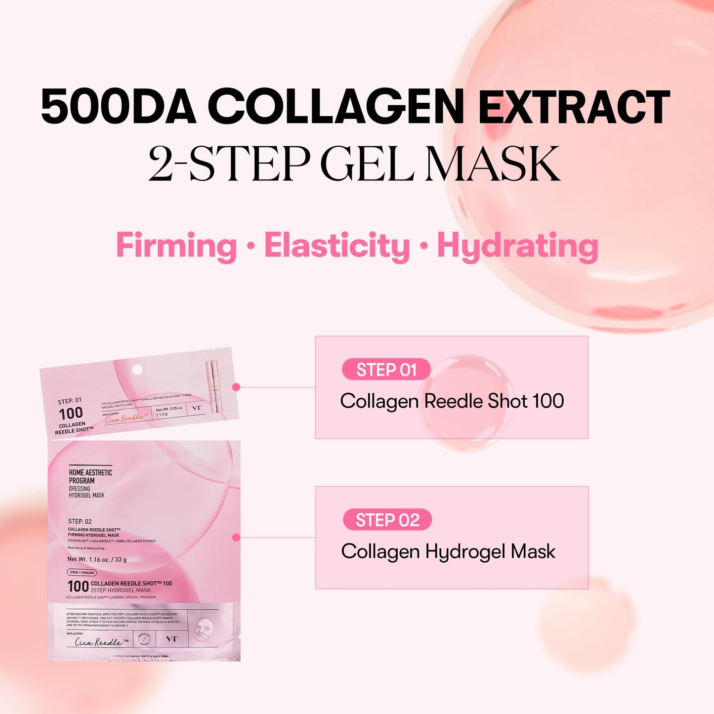 VT COSMETICS Collagen Reedle Shot 100 2-Step Hydrogel Mask(34.5gx4ea), Intensive Firming, Exosome 500Da Collagen, Fine Lines, Overnight Melting Mask, Korean Facial Mask, Pink Collagen