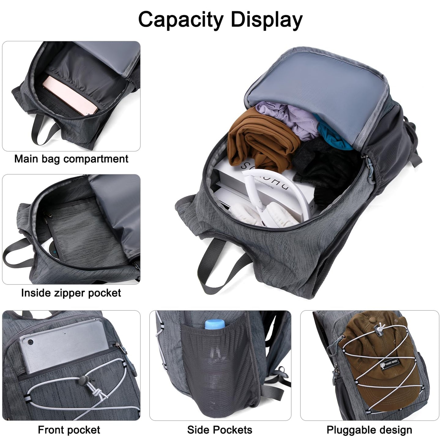 BOVIP 20L Hiking Backpack Lightweight Packable Hiking Daypack Small Travel Outdoor Foldable Shoulder Bag Gray