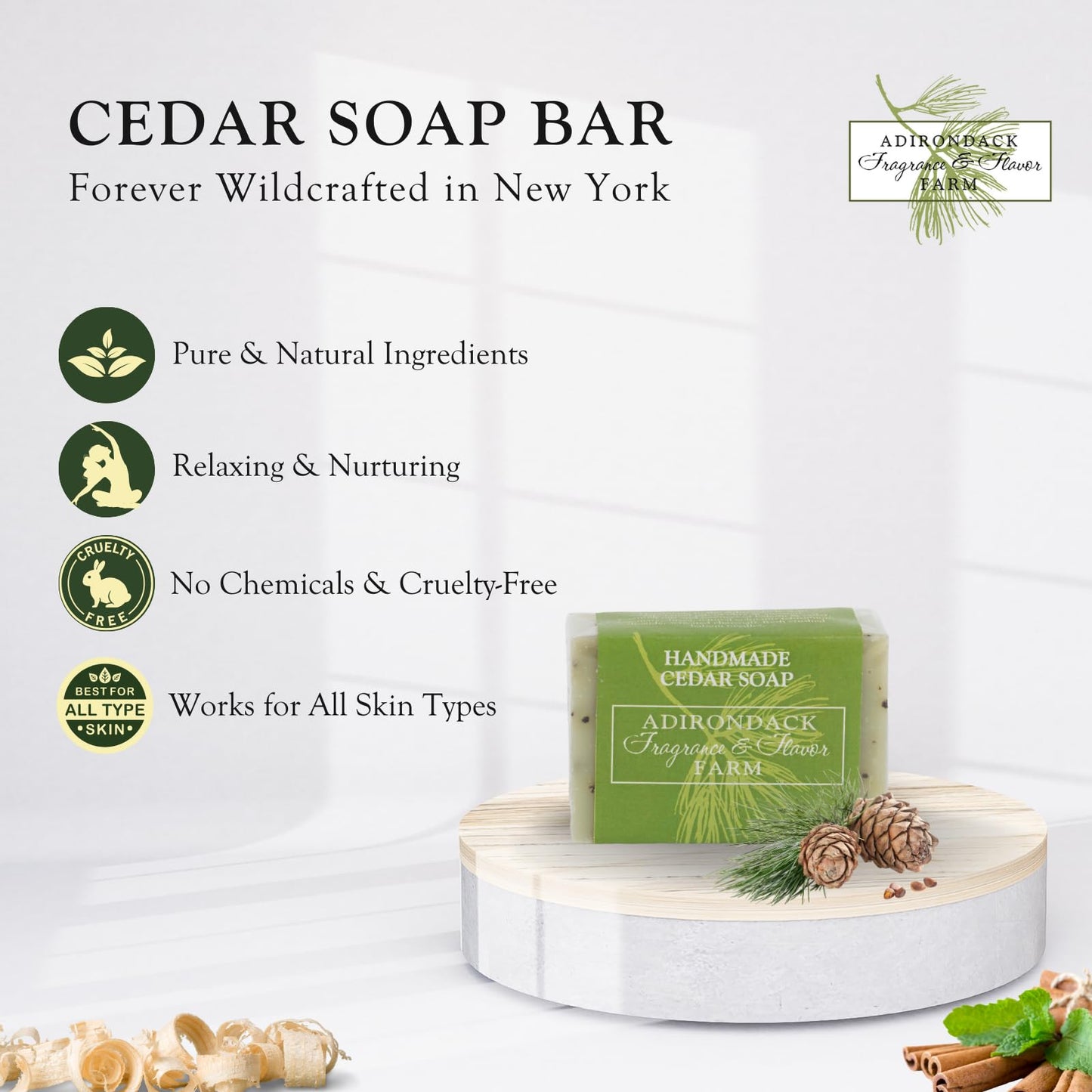 Adirondack Fragrance & Flavor Farm ADK Natural Cedar Soap Bar 4 oz., Handmade Vegan Olive Oil Body Soap for Dry and Sensitive Skin, Moisturising for Men, Women & Babies, Produced in the USA