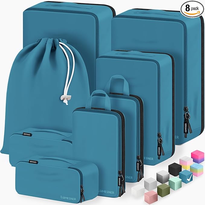 8 Set Compression Packing Cubes for Travel, Waterproof Luggage Organizers, Suitcase Organizer Set for Carry-On & Checked Baggage, Travel Accessories for Men & Women